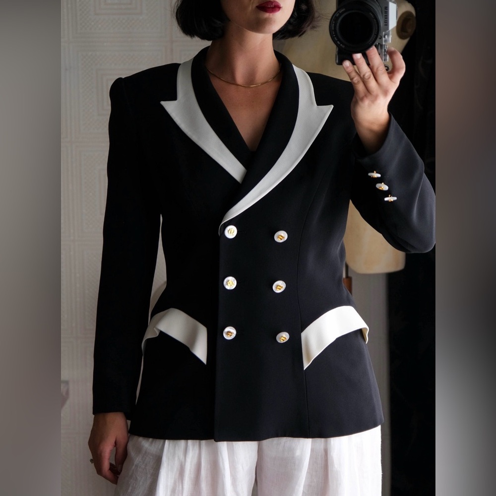 Vintage 90s Candice Fraiberger for Neiman Marcus Black & White Peplum Blazer